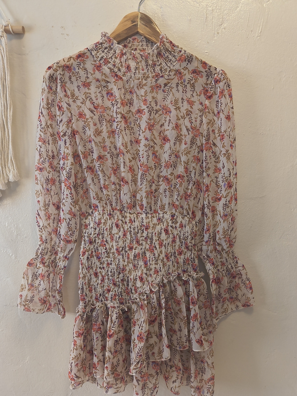 Floral Smocked Waist Long-Sleeve Mini Dress - Pink/Cream - Picture 2 of 7